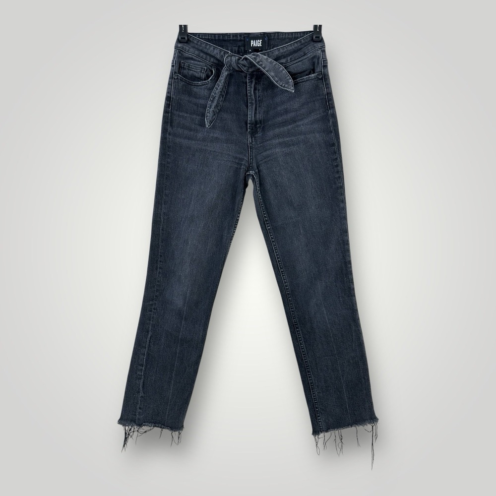 PAIGE Margot Straight Leg Jeans Womans 26 (26x26) Tie Waist Black Denim Raw Hem